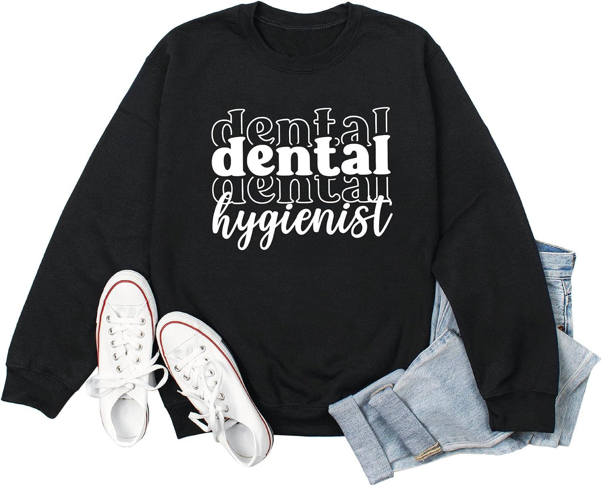 Dental Hygienist Sweatshirt for Women Dental Assistant Long Sleeve Crewneck Pullover Tops Dentist Appreciation Gift - Black