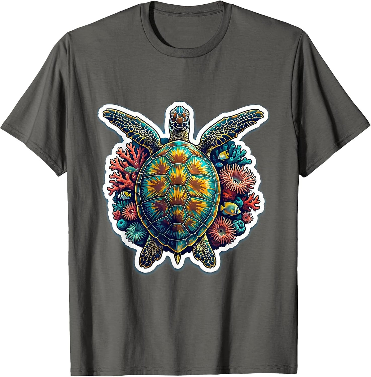 Men's Hawaiian Sea Turtle Coral Reef Graphic Design T-Shirt - Asphalt Grey