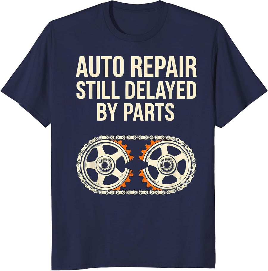 Auto Repair Still Delayed By Parts Funny Mechanic Skeleton T-Shirt - Navy Blue