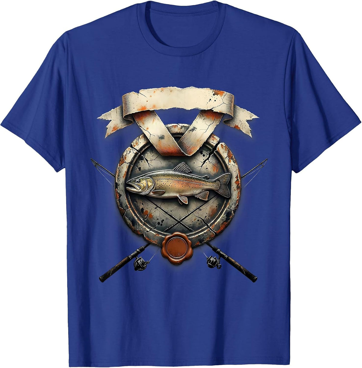 Mounted Trout Crest Distressed Fishing Humor Fan T-Shirt - Royal Blue