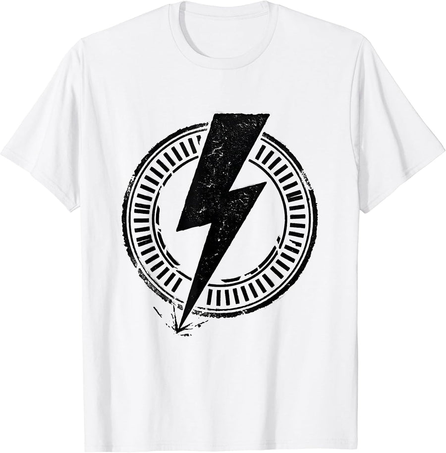 Men's Bold Lightning Bolt Graphic Stamp Seal Minimalist T-Shirt - White