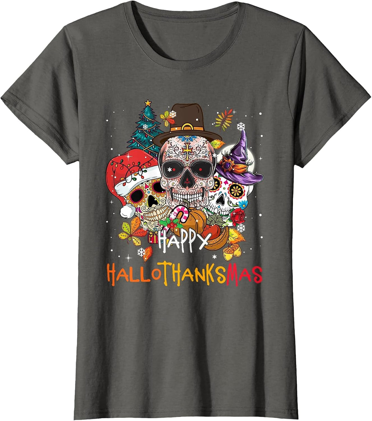Sugar-Skull Skeleton Halloween Xmas Happy Hallothanksmas T-Shirt - Asphalt Grey
