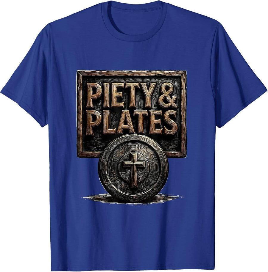 Piety & Plates Faith Fitness Funny Gym Christian T-Shirt - Royal Blue