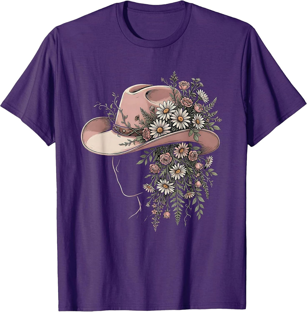Men's Wildflower Cowboy Hat Western Boho Illustration T-Shirt - Purple
