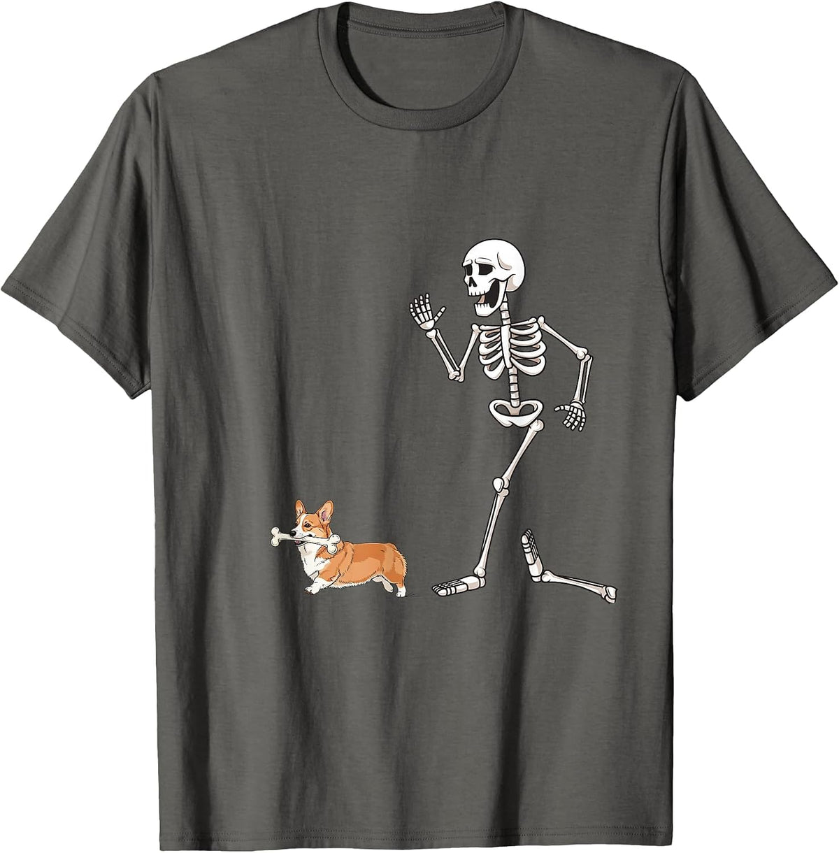 Funny Halloween Pembroke Welsh Corgi and Skeleton T-Shirt - Asphalt Grey