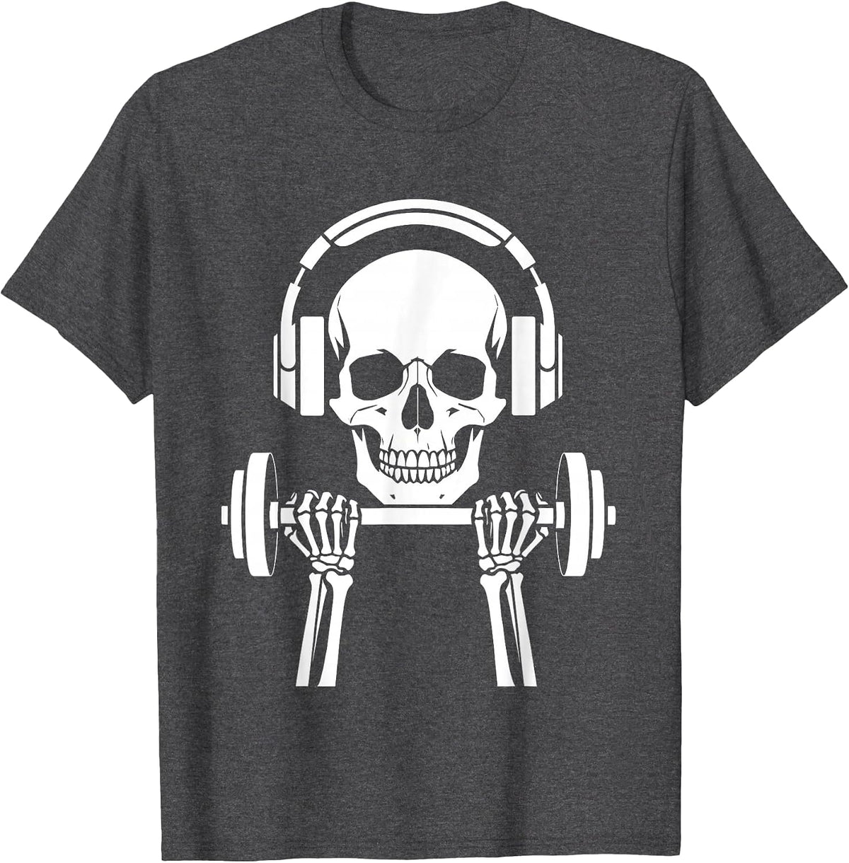 Skull Headphones Weightlifting Graphic Design T-Shirt - Dark Heather Grey