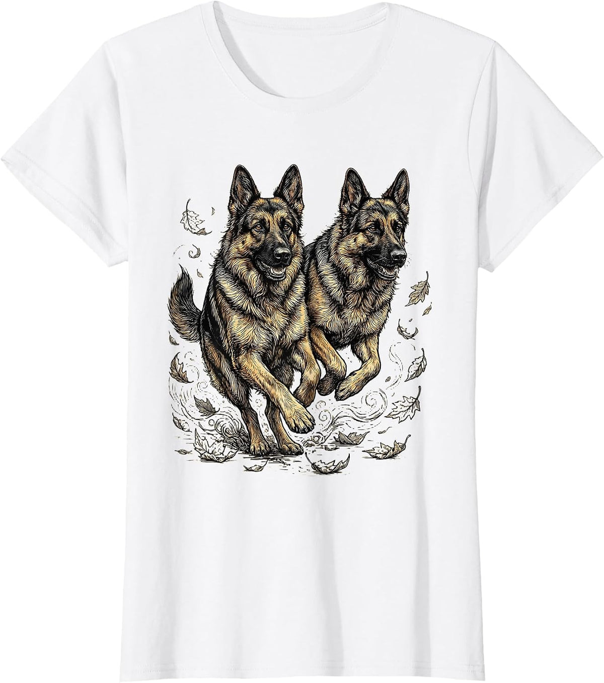 Two German Shepherds Running Through Autumn Leaves T-Shirt - White