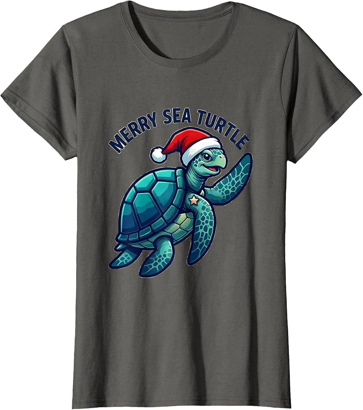 Women's Merry Sea Turtle Whimsical Santa Hat Sea Turtle Lover T-Shirt - Asphalt Grey