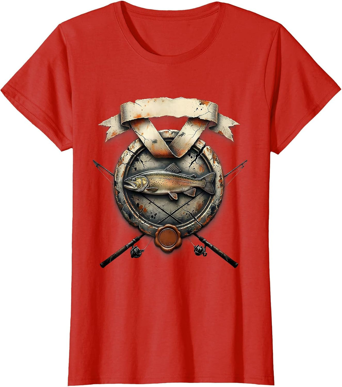 Mounted Trout Crest Distressed Fishing Humor Fan T-Shirt - Red
