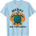 Men's Merry Sea Turtlemas Risograph Sea Turtle Lover Christmas T-Shirt - Baby Blue