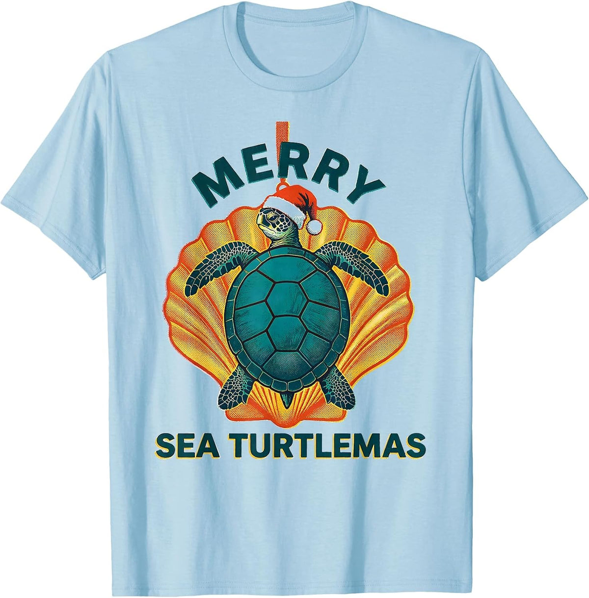 Men's Merry Sea Turtlemas Risograph Sea Turtle Lover Christmas T-Shirt - Baby Blue