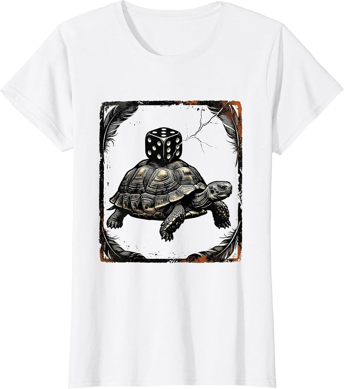 Women's Turtle Dice Rubber Stamp Gamer Japanese Art Humor T-Shirt - White
