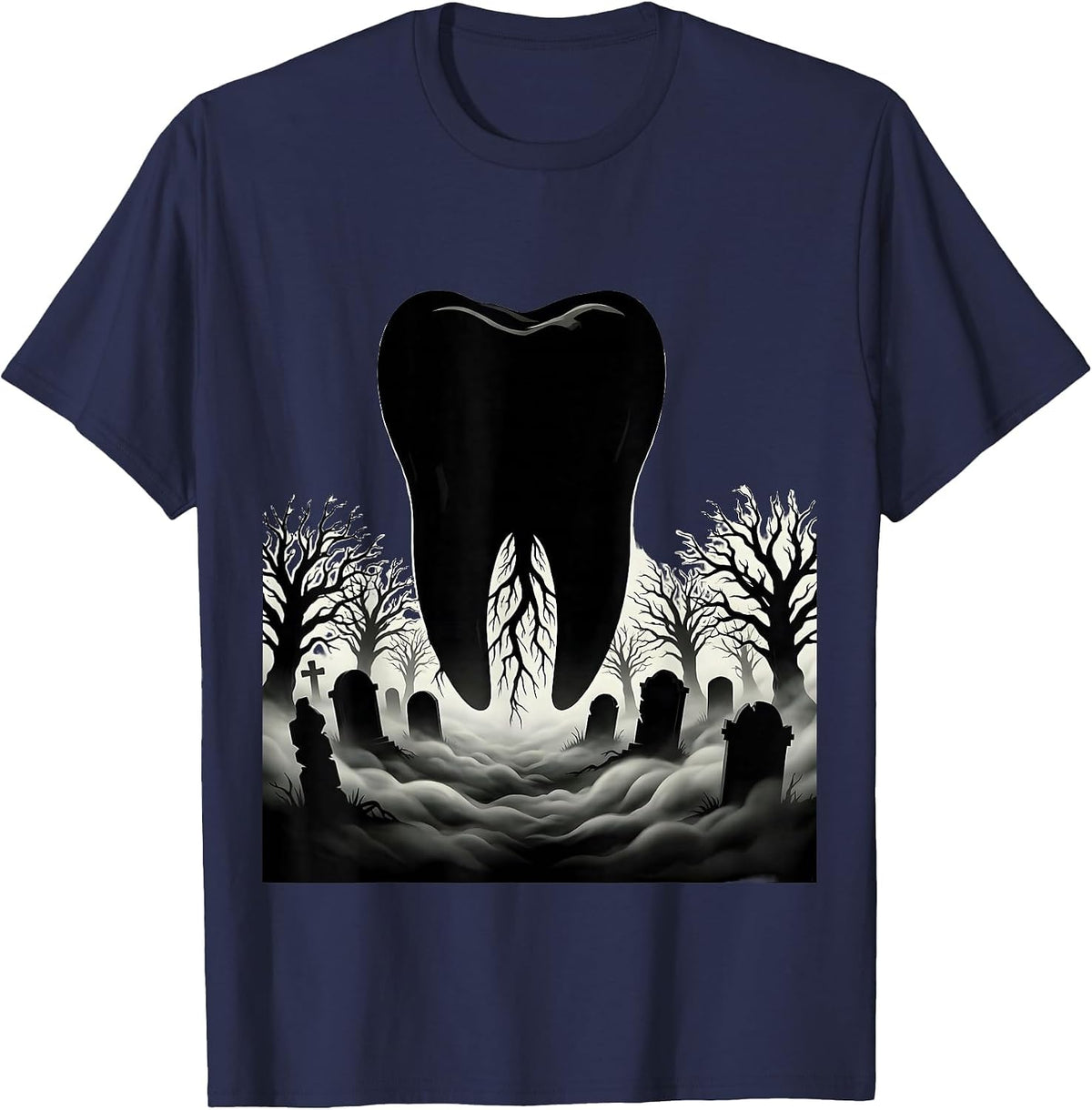 Men's Molar Graveyard Spooky Dental Halloween Design T-Shirt - Navy Blue