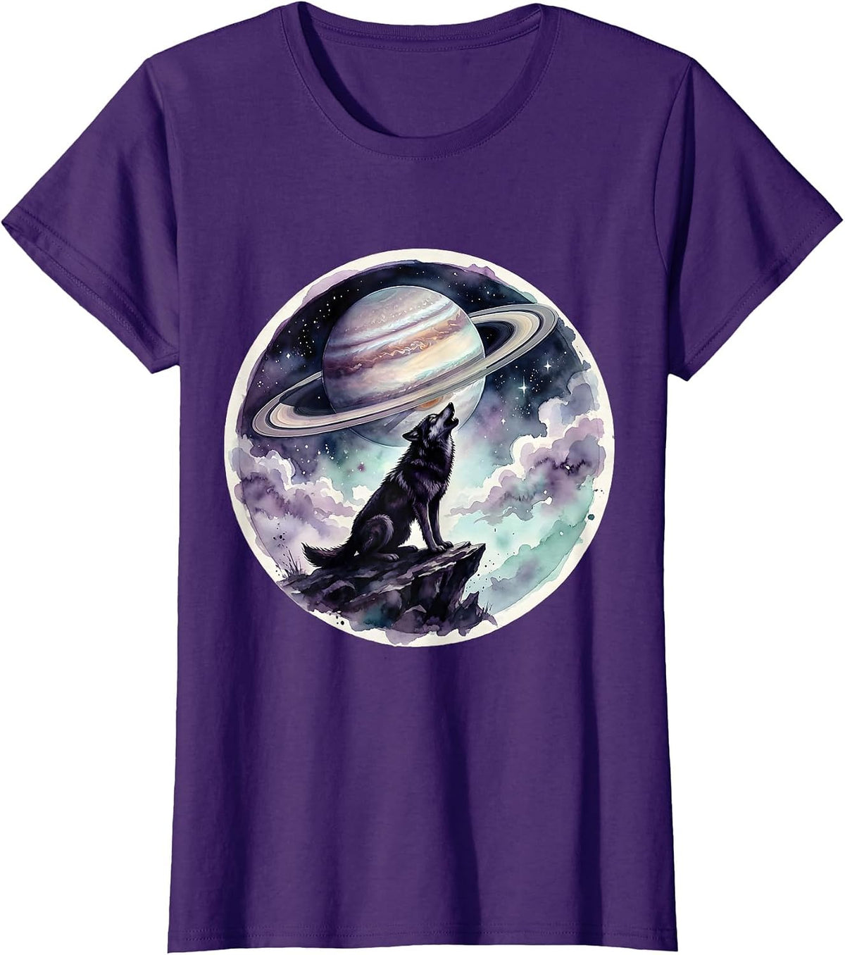Women's Wolf Howling at a Ringed Planet Galaxy Design T-Shirt - Purple