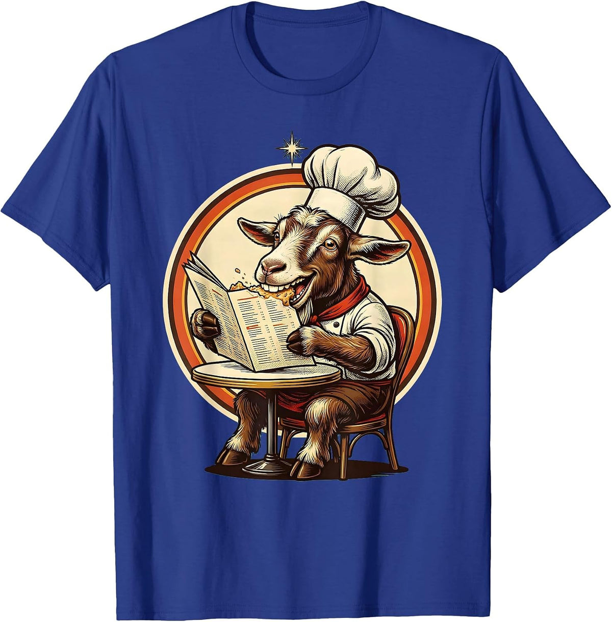 Funny Goat Chef Eating Its Own Menu Graphic T-Shirt - Royal Blue