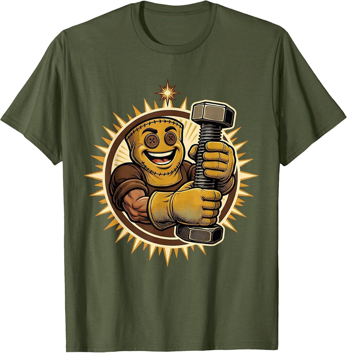 Worn Mechanic Gloves Holding a Bolt Graphic T-Shirt - Olive Green