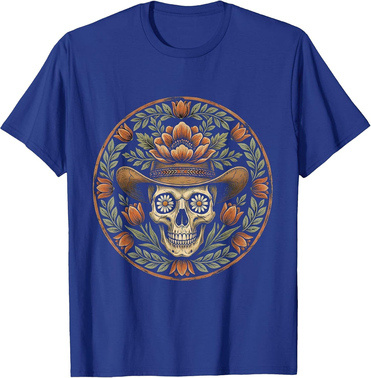 Denim Cowgirl Skull Floral Hat Western Design T-Shirt - Royal Blue