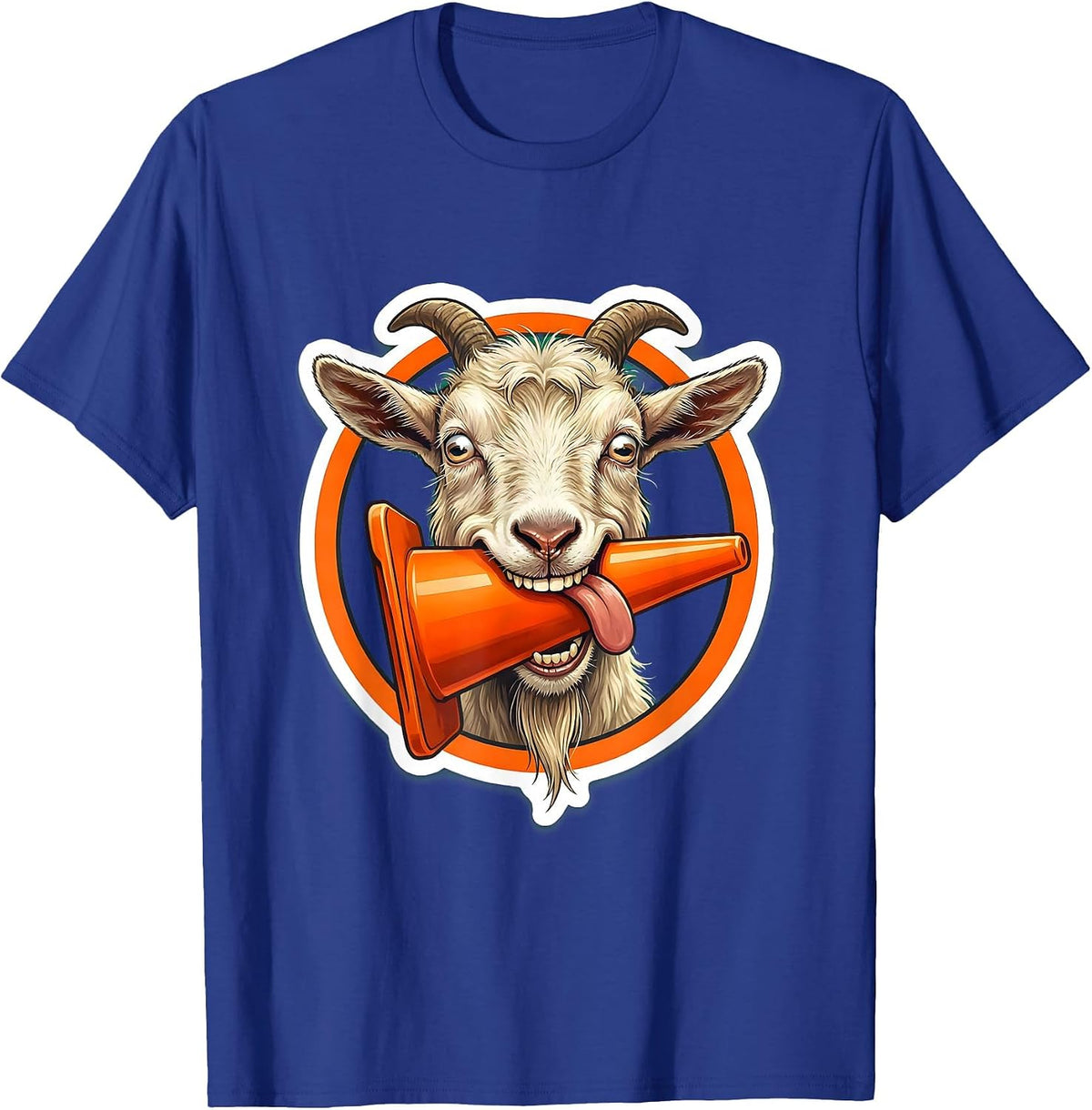 Men's Derpy Goat Eating a Traffic Cone Funny Illustration T-Shirt - Royal Blue