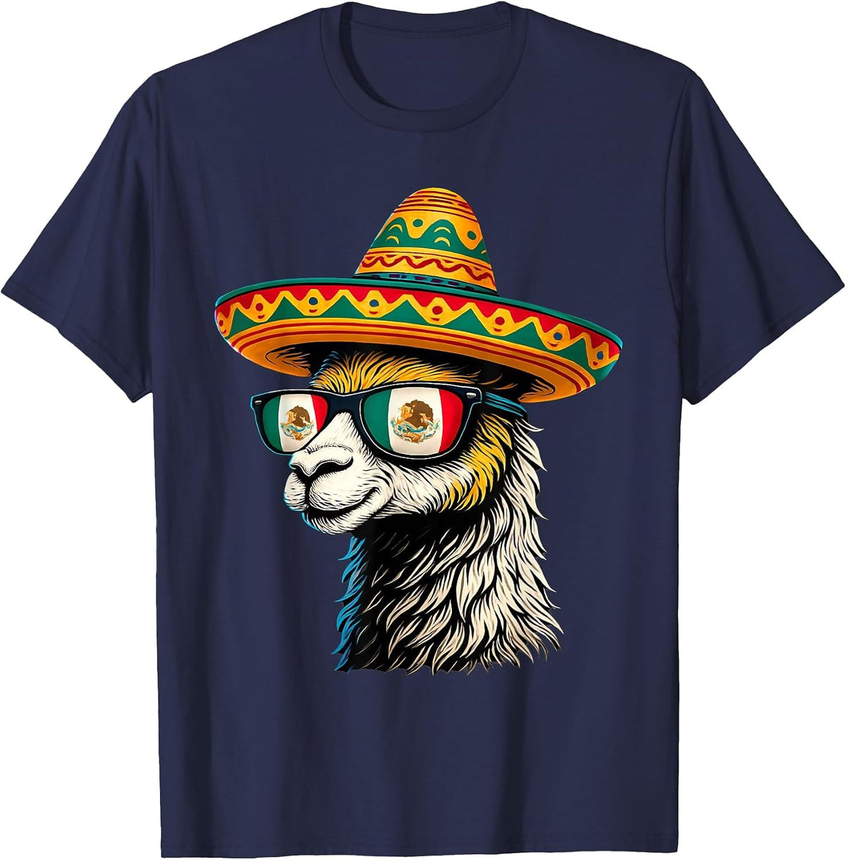 Mexico Alpaca Portrait Sunglasses Mexican Flag Mexican Llama T-Shirt - Navy Blue