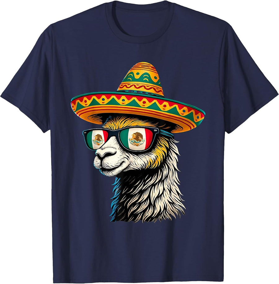 Mexico Alpaca Portrait Sunglasses Mexican Flag Mexican Llama T-Shirt - Navy Blue