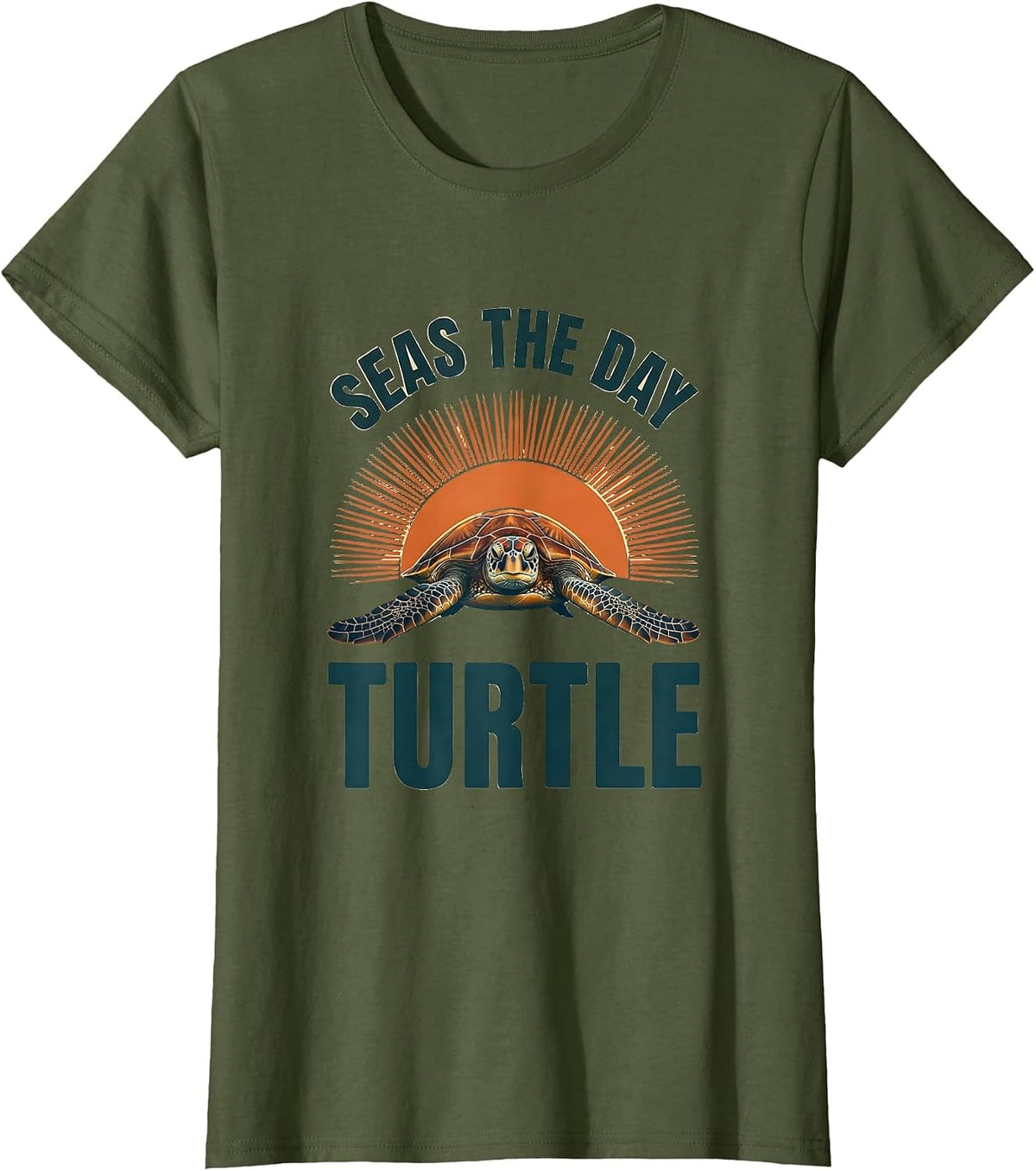 Women's Seas the Day Turtle Ocean Design T-Shirt - Olive Green