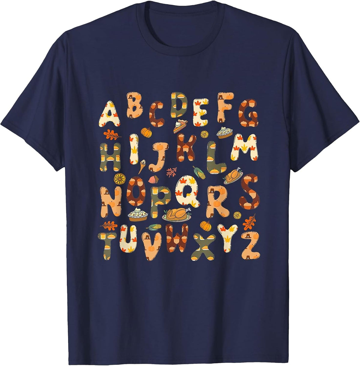 Thanksgiving ABC Alphabet Turkey Day Fall Leaves Teacher T-Shirt - Navy Blue