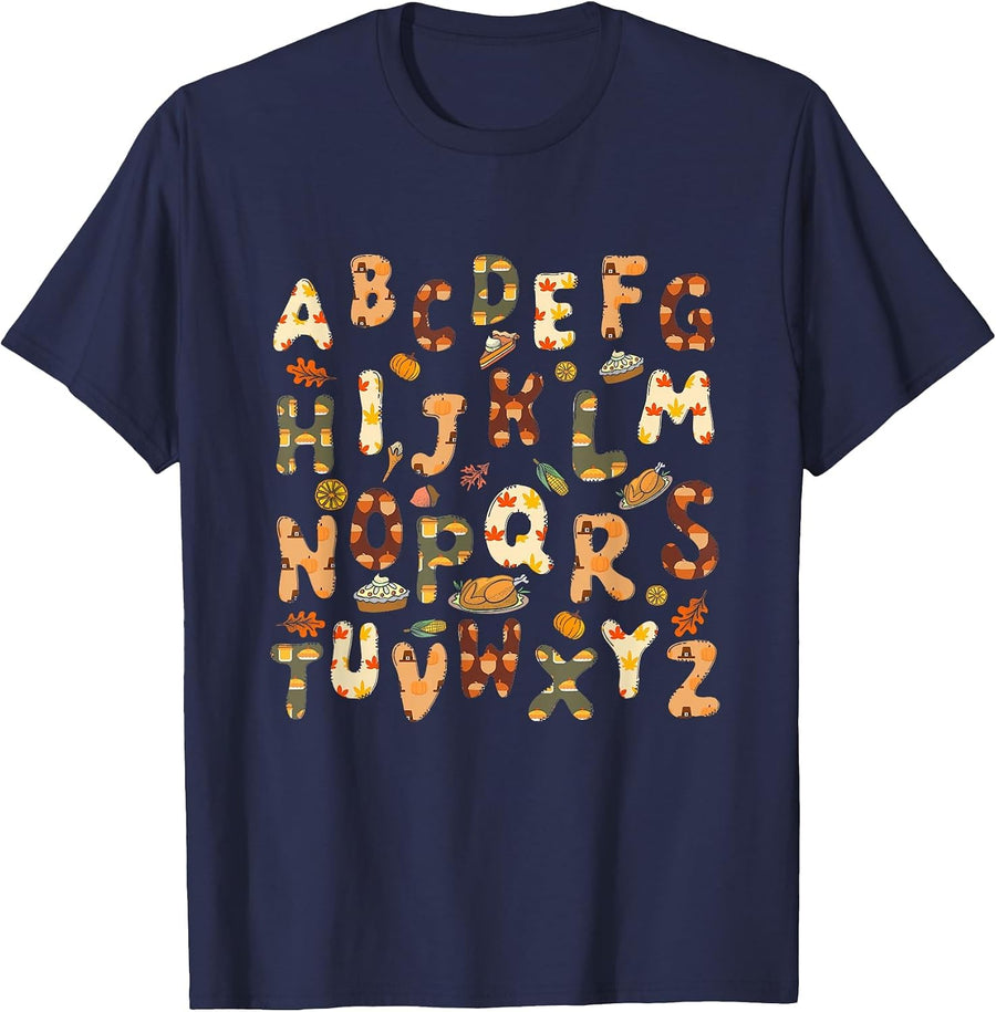 Thanksgiving ABC Alphabet Turkey Day Fall Leaves Teacher T-Shirt - Navy Blue