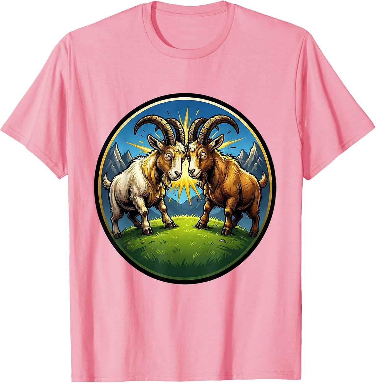 Men's Dueling Goats Locking Horns on a Hilltop T-Shirt - Pink