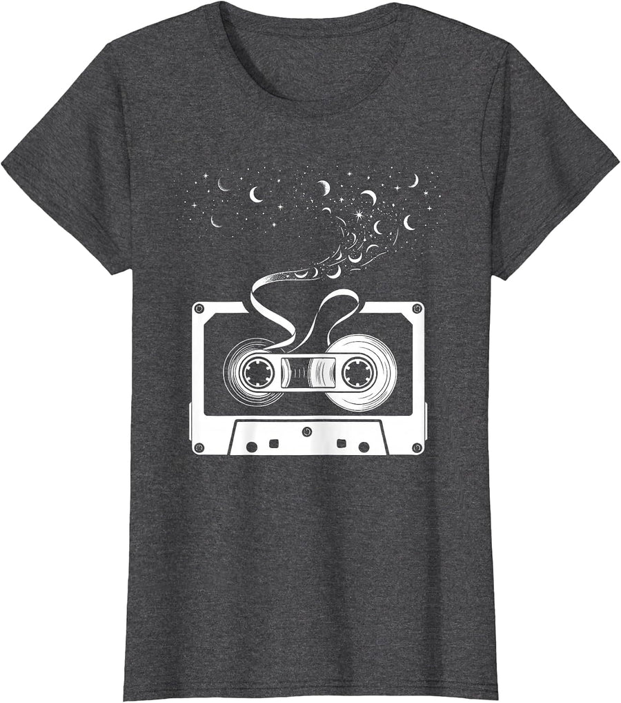 Women's Cassette Tape Night Sky Unraveling Galaxy T-Shirt - Dark Heather Grey