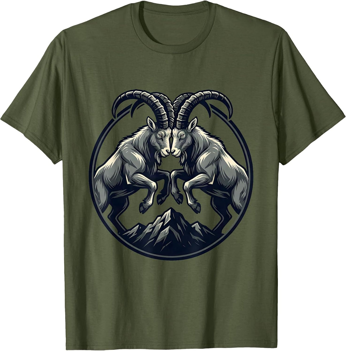 Men's Two Goats Clashing Horns on a Hilltop Graphic T-Shirt - Olive Green