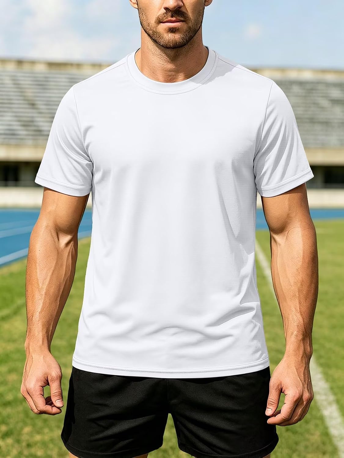 Mens Athletic T Shirt Short Sleeve Crewneck Workout Gym Training Top - White