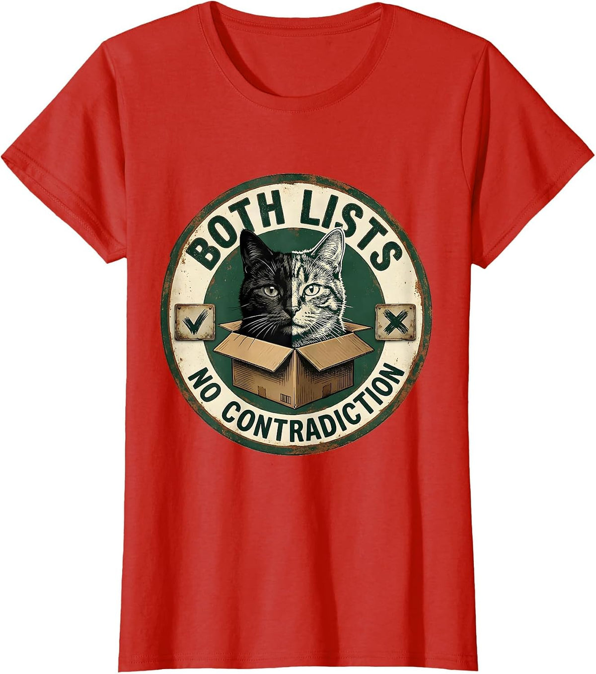 Women's Both Lists No Contradiction Vintage Science Cat Quantum T-Shirt - Red