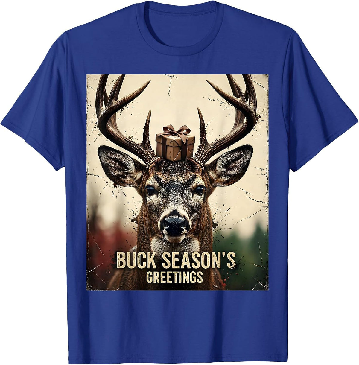 Buck Season's Greetings Distressed Deer Hunter Christmas T-Shirt - Royal Blue