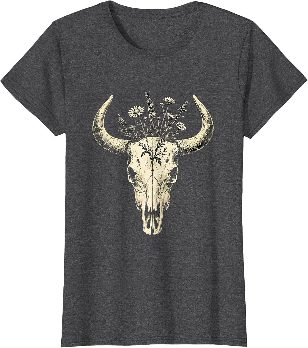 Women's Cow Skull Wildflowers Western Floral Gothic Art T-Shirt - Dark Heather Grey
