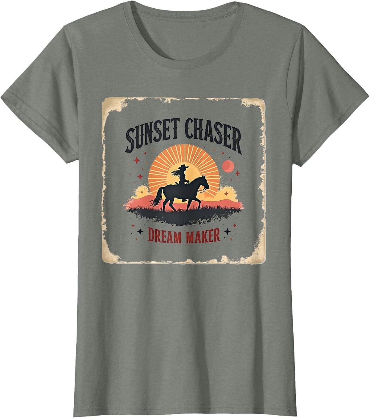 Sunset Chaser Dream Maker Western Boho Design T-Shirt - Olive Heather