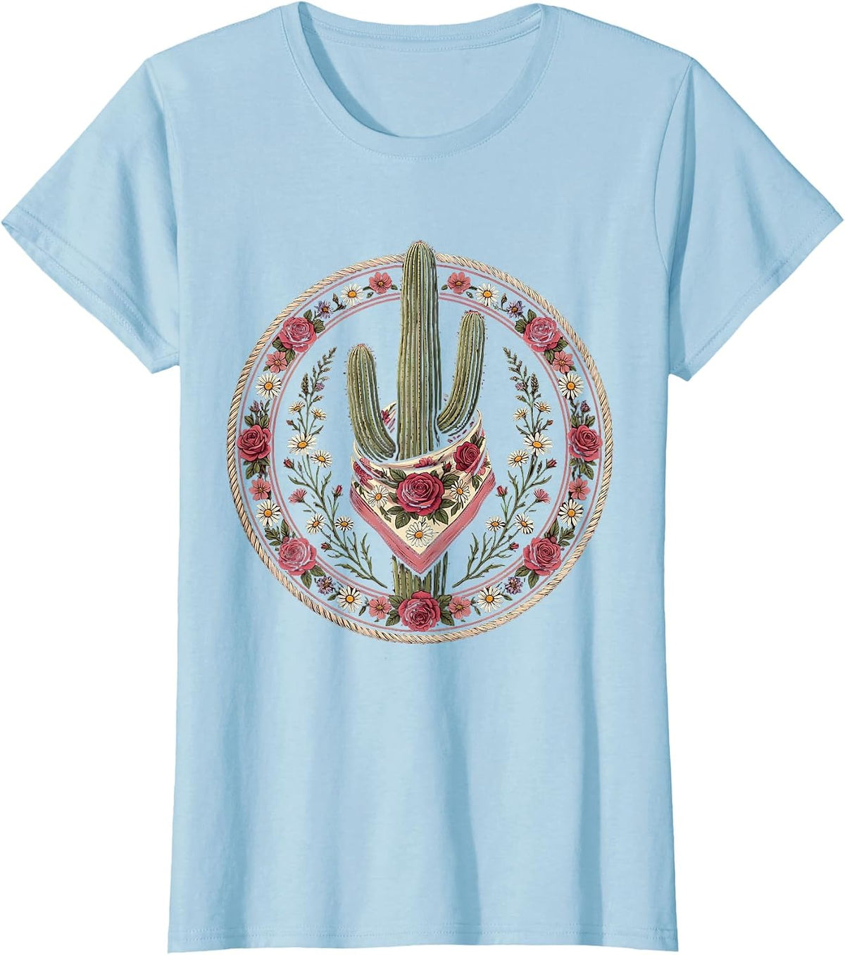 Women's Floral Bandana Cactus Western Desert Design T-Shirt - Baby Blue