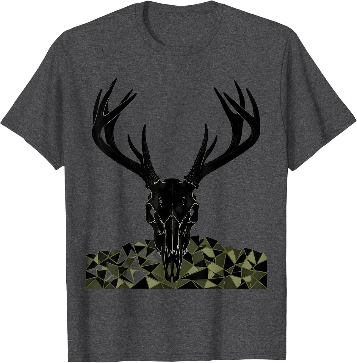 Men's Deer Skull Antlers Camo Field Hunting Graphic T-Shirt - Dark Heather Grey