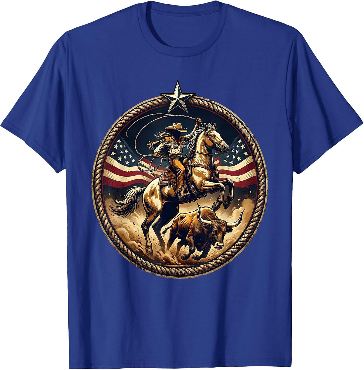 Cowgirl Roping Steer Rodeo Arena Dust Design T-Shirt - Royal Blue