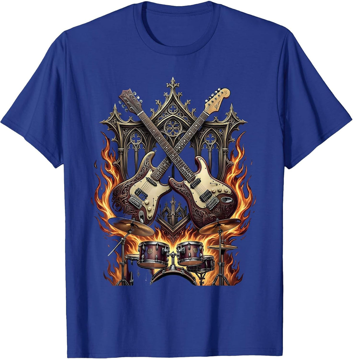 Crossed Guitars Flaming Drum Kit Rock Band Graphic T-Shirt - Royal Blue