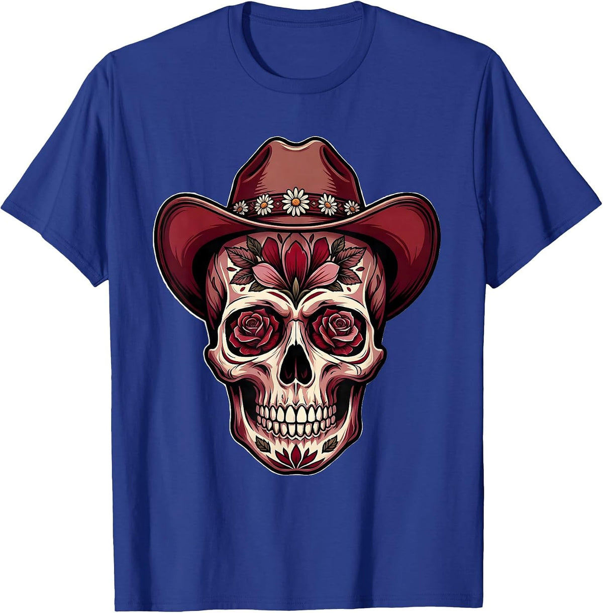 Men's Floral Skull Cowboy Hat Western Graphic Design T-Shirt - Royal Blue