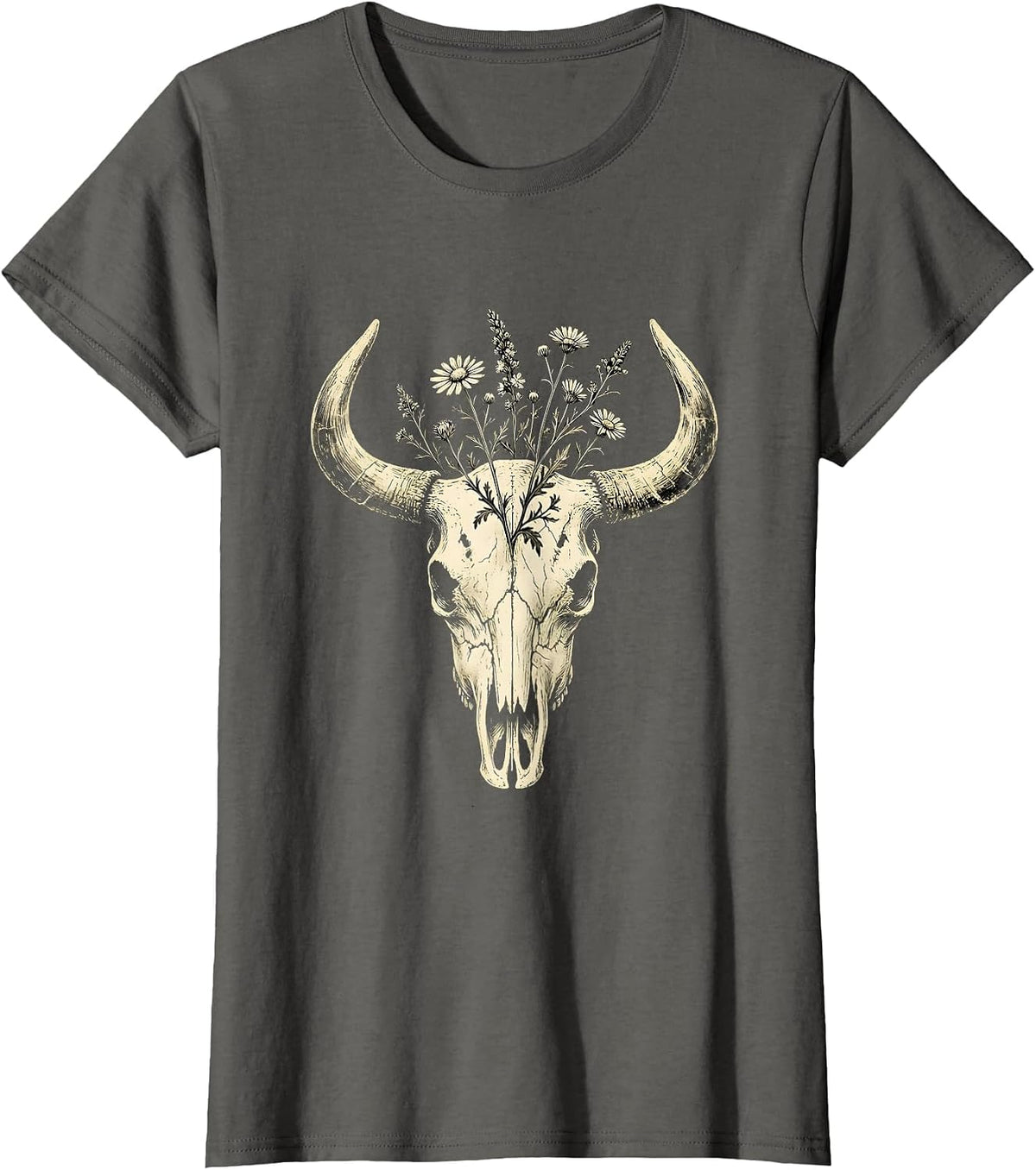 Women's Cow Skull Wildflowers Western Floral Gothic Art T-Shirt - Asphalt Grey