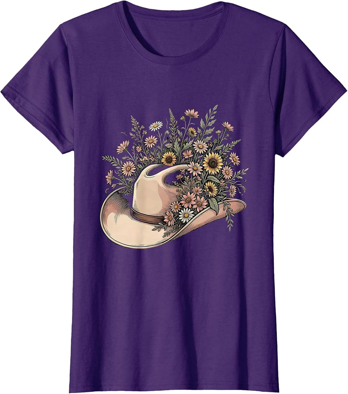 Women's Cowgirl Hat Wildflowers Western Floral Illustration T-Shirt - Purple