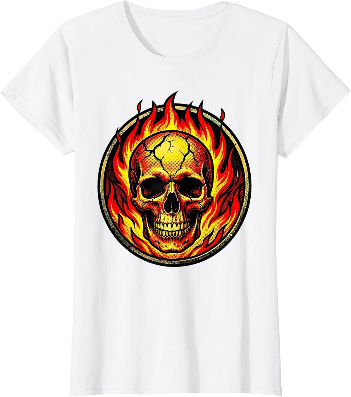 Women's Flaming Skull Cracked Surface Fire Graphic T-Shirt - White