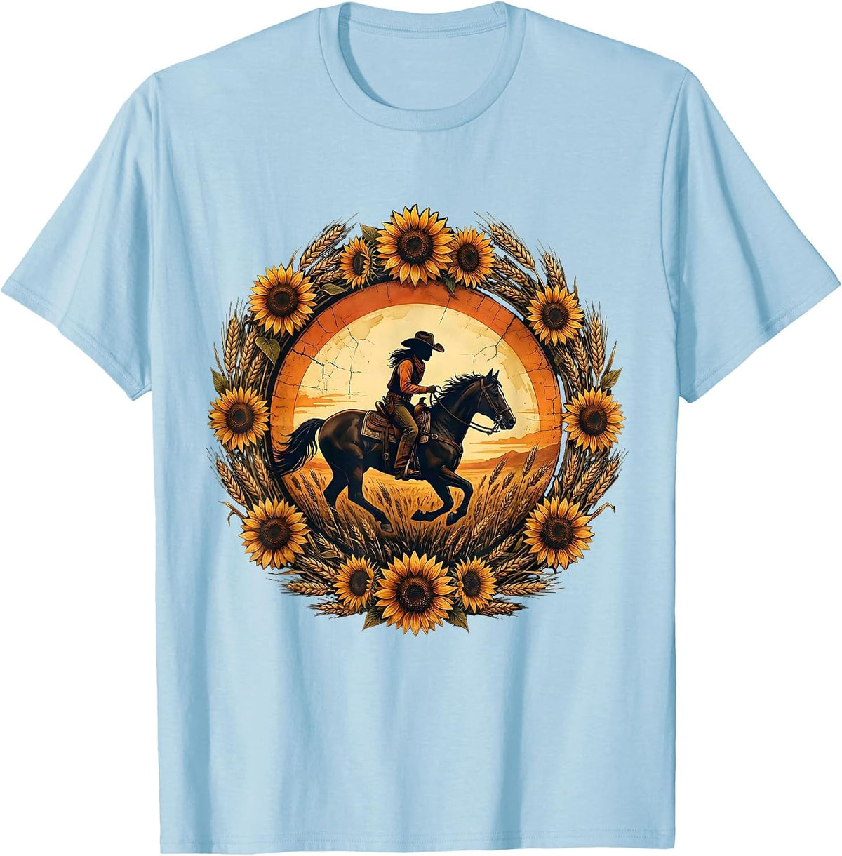 Men's Cowgirl Silhouette on Horseback Dusk Rodeo Design T-Shirt - Baby Blue