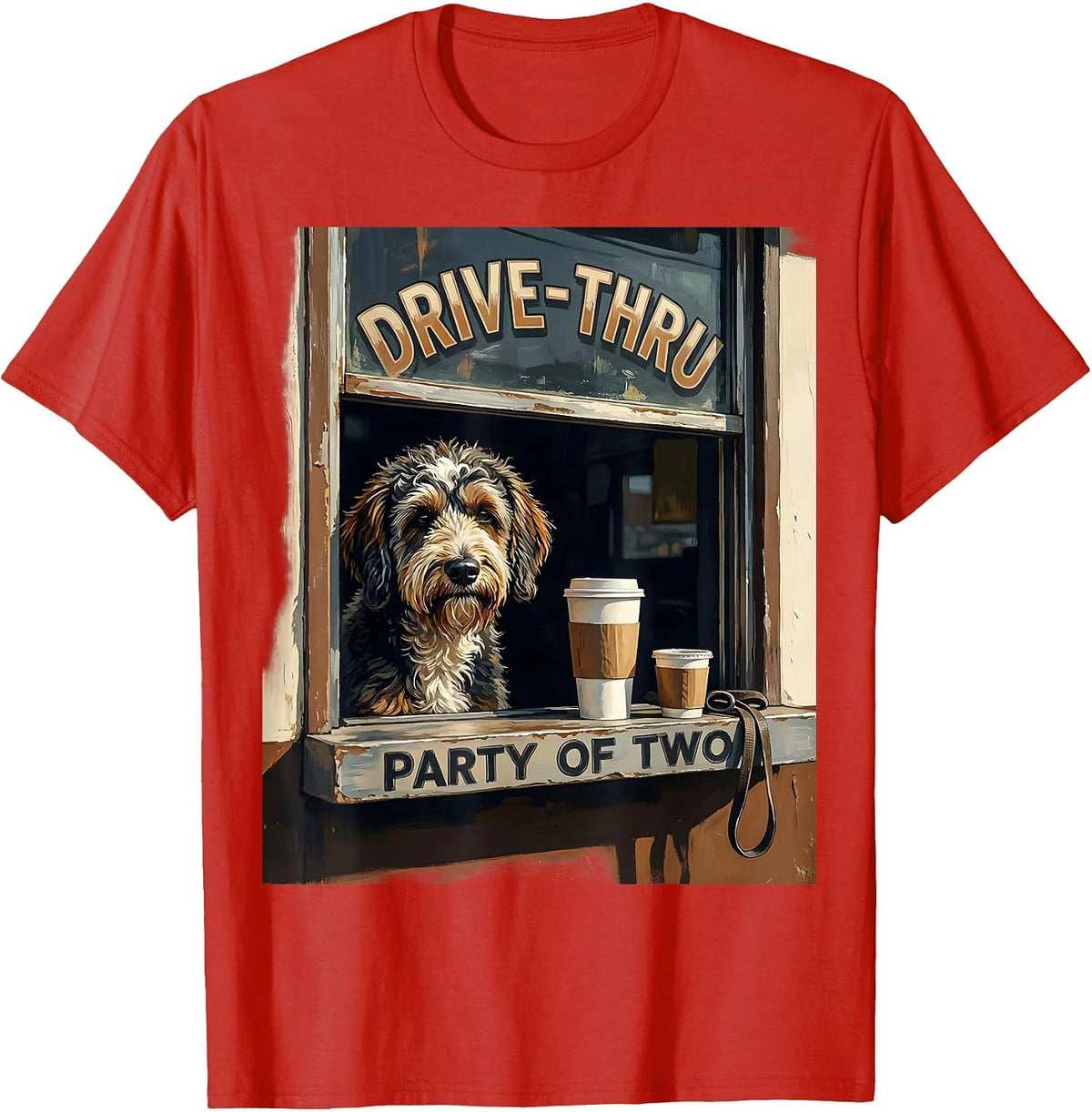 Men's Drive-Thru Party Of Two Funny Bernedoodle Coffee Lover Gift T-Shirt - Red