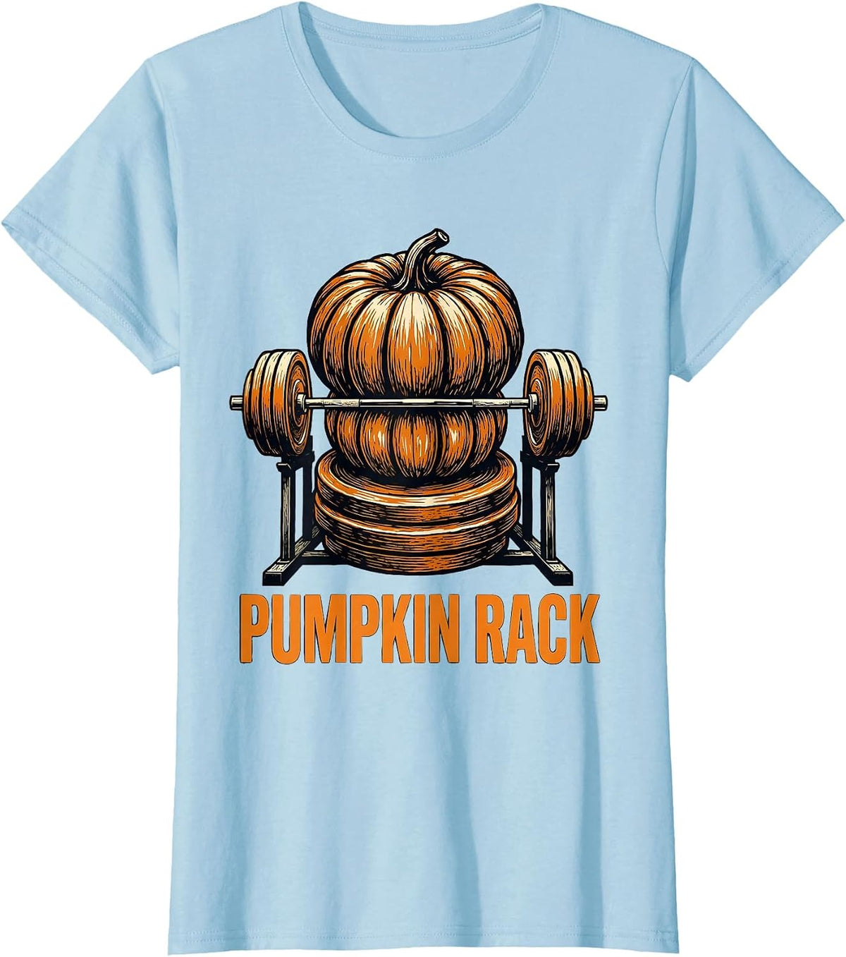 Women's Pumpkin Rack Linocut Funny Halloween Gym Workout Lifting Pun T-Shirt - Baby Blue