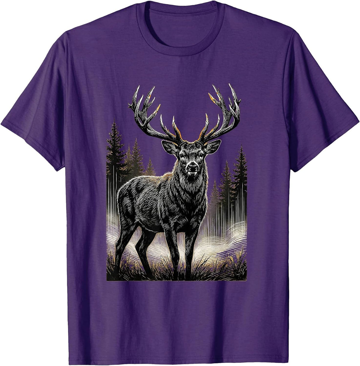Men's Buck Deer in Misty Forest Hunting Graphic T-Shirt - Purple