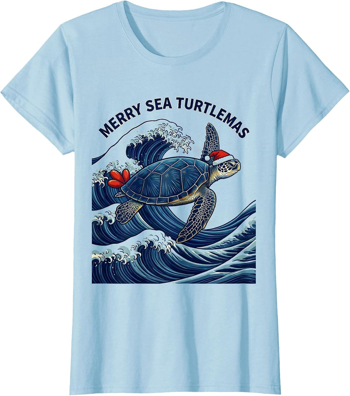 Women's Merry Sea Turtlemas Ukiyo-e Santa Hat Sea Turtle Lover T-Shirt - Baby Blue