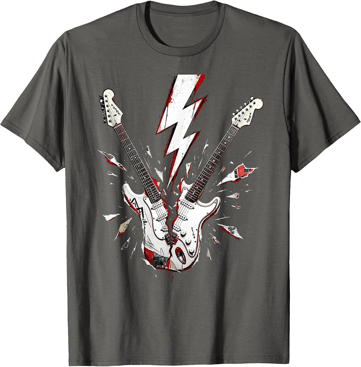 Lightning Bolt Split Guitar 80s Rock Graphic T-Shirt - Asphalt Grey