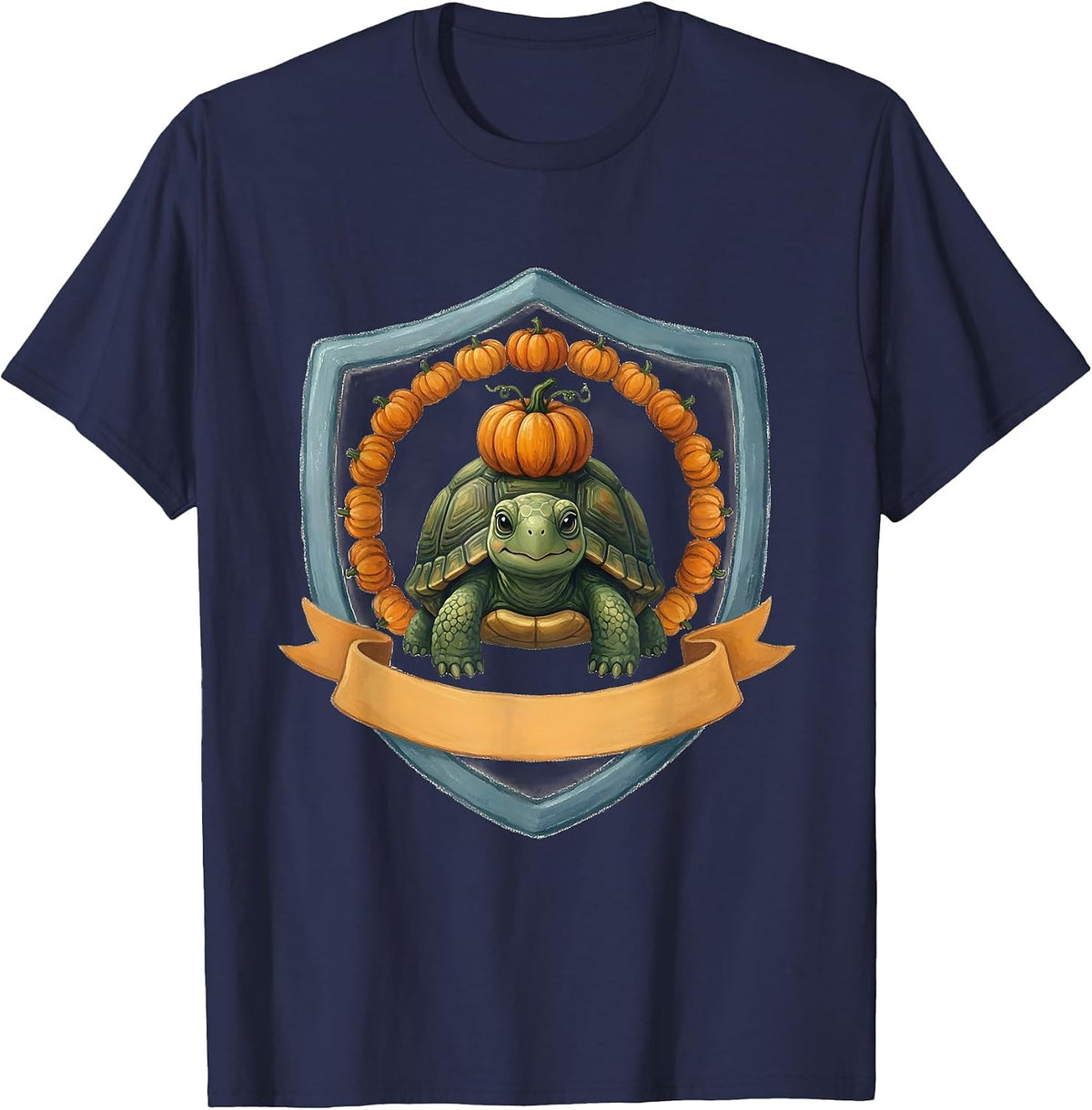 Halloween Turtle Pumpkin Crown Whimsical Animal Lover T-Shirt - Navy Blue